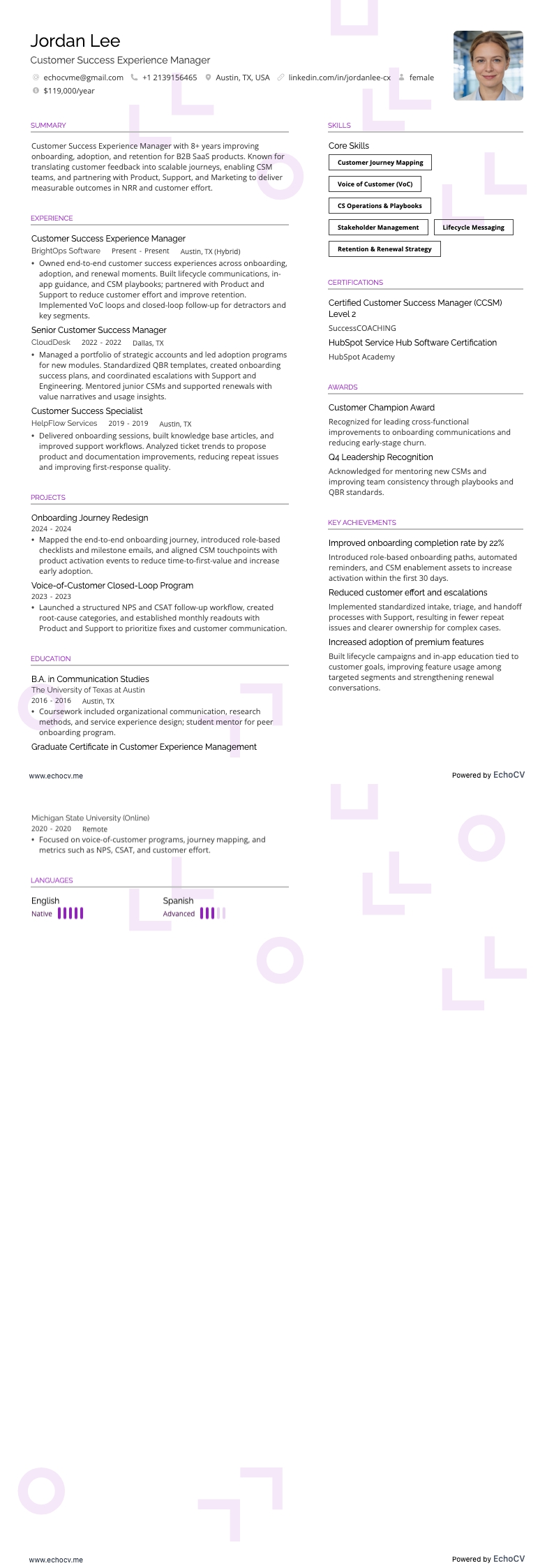 客戶成功體驗經理 example resume