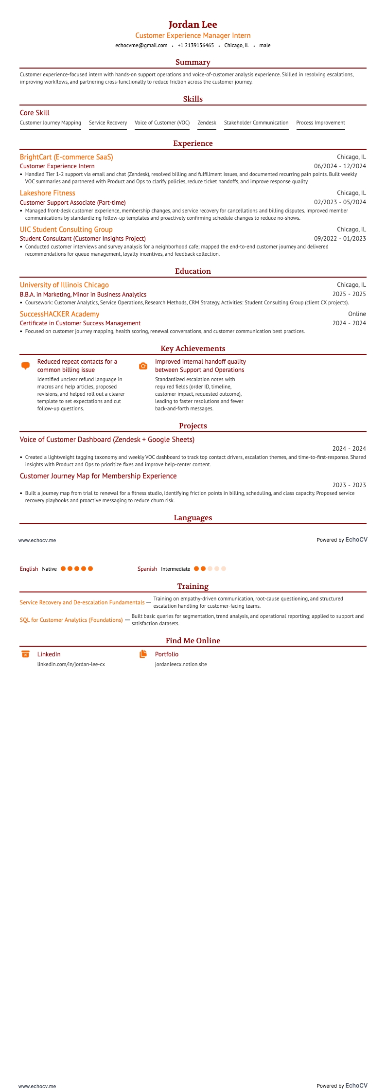 客戶體驗經理實習生 resume example