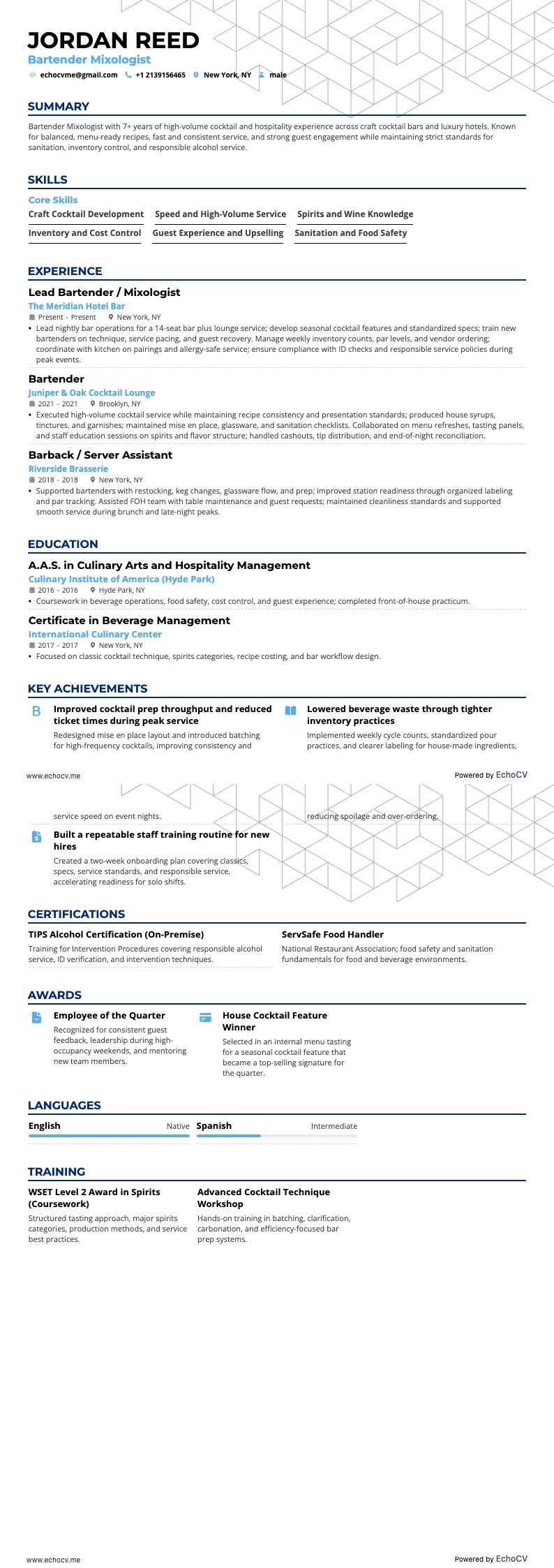 Bartender Mixologist example resume
