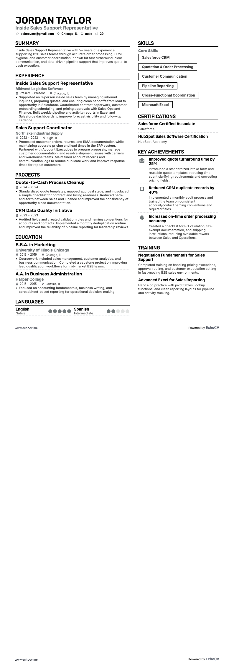 Inside Sales Support Representative example resume