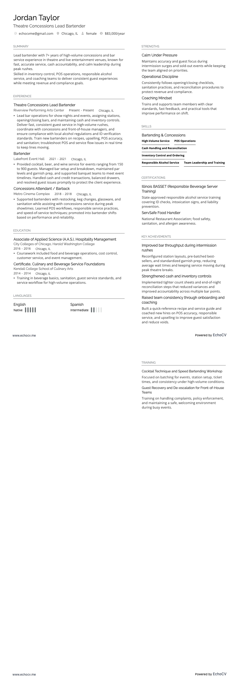 Theatre Concessions Lead Bartender example resume