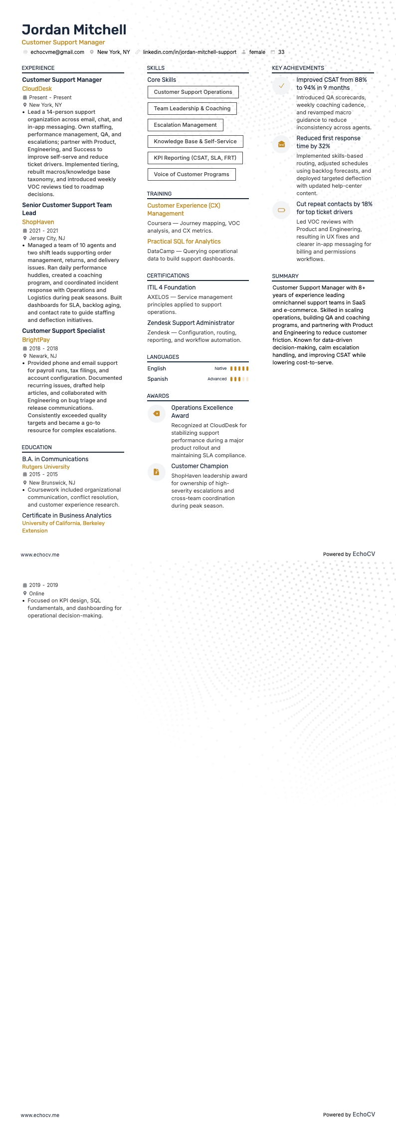 客户支持经理 example resume
