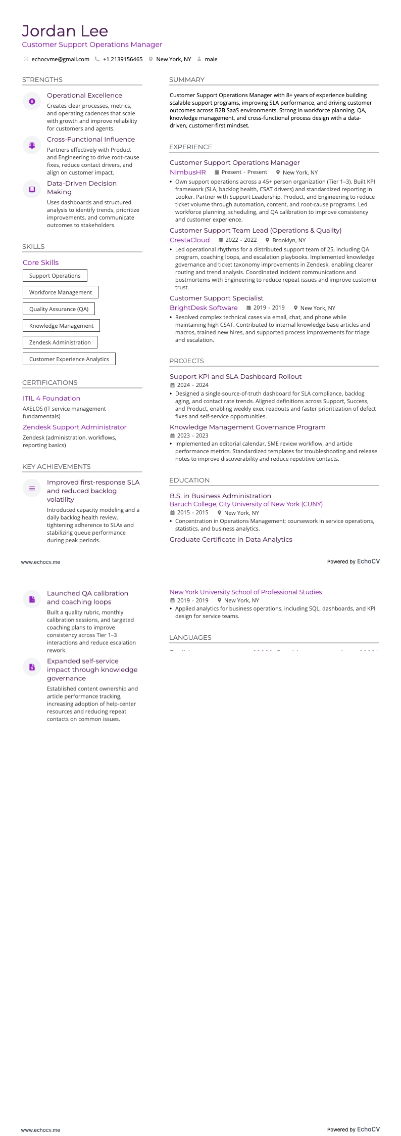 客户支持经理 resume example