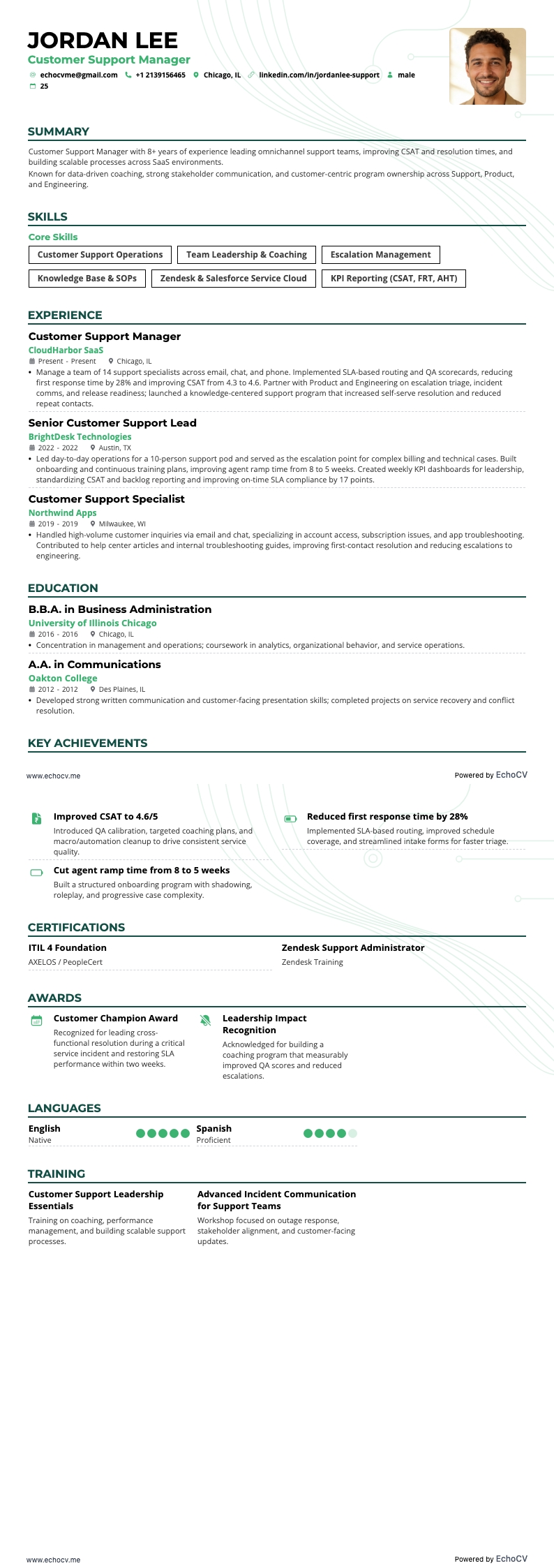 客户支持经理 example resume