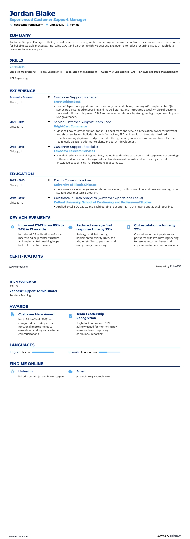 资深客户支持经理 example resume