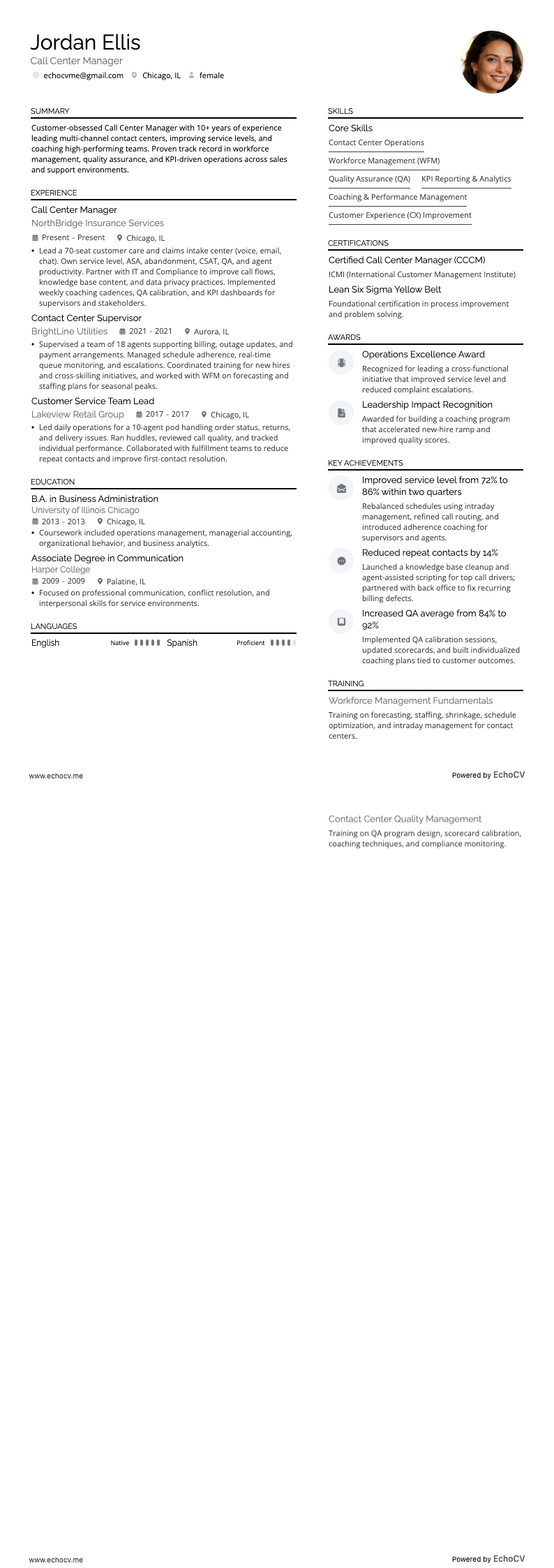 Call Center Manager example resume