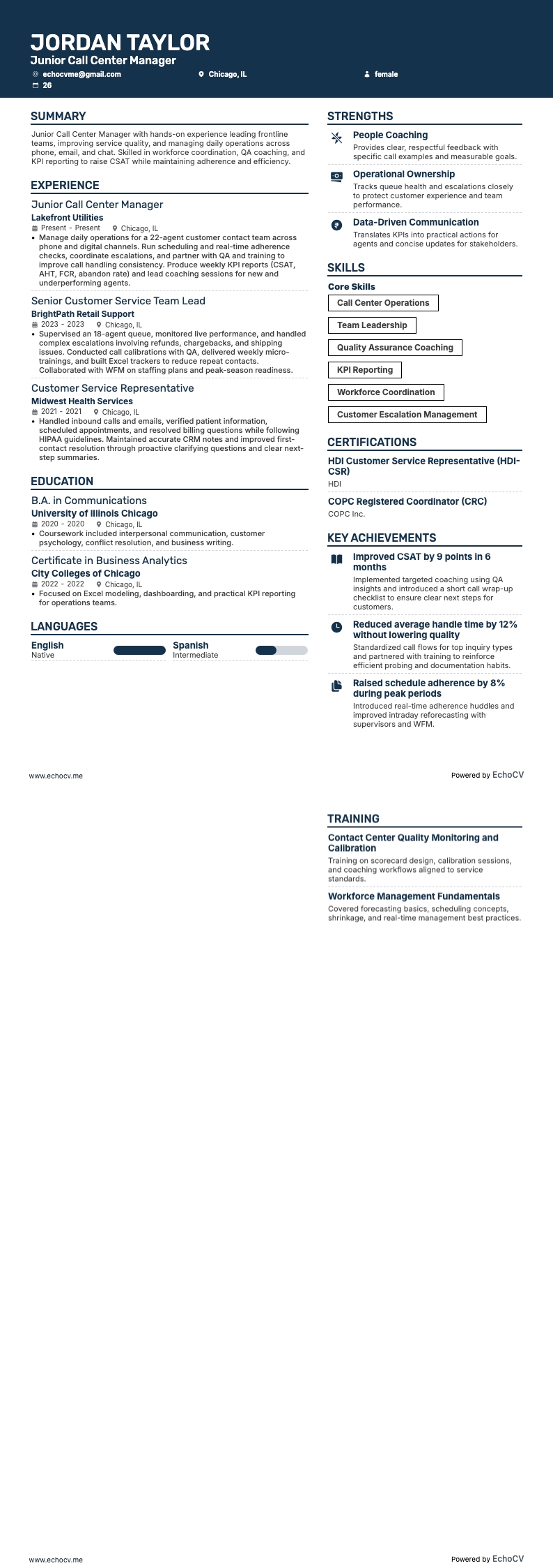 Junior Call Center Manager example resume