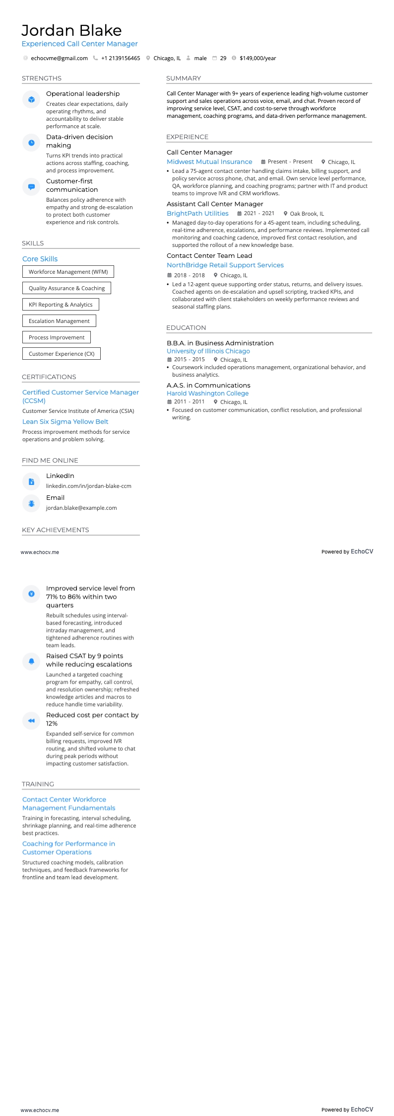 Experienced Call Center Manager example resume