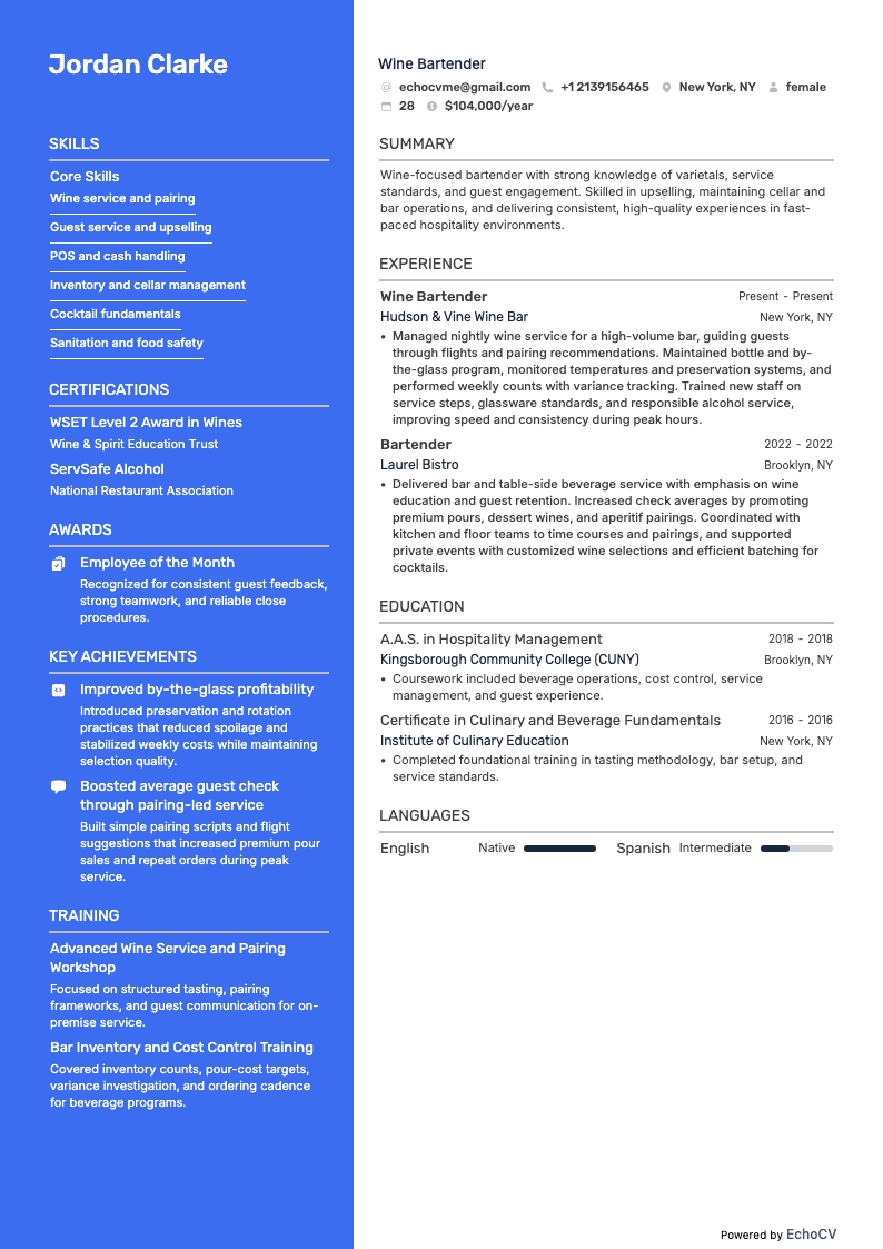 Wine Bartender example resume