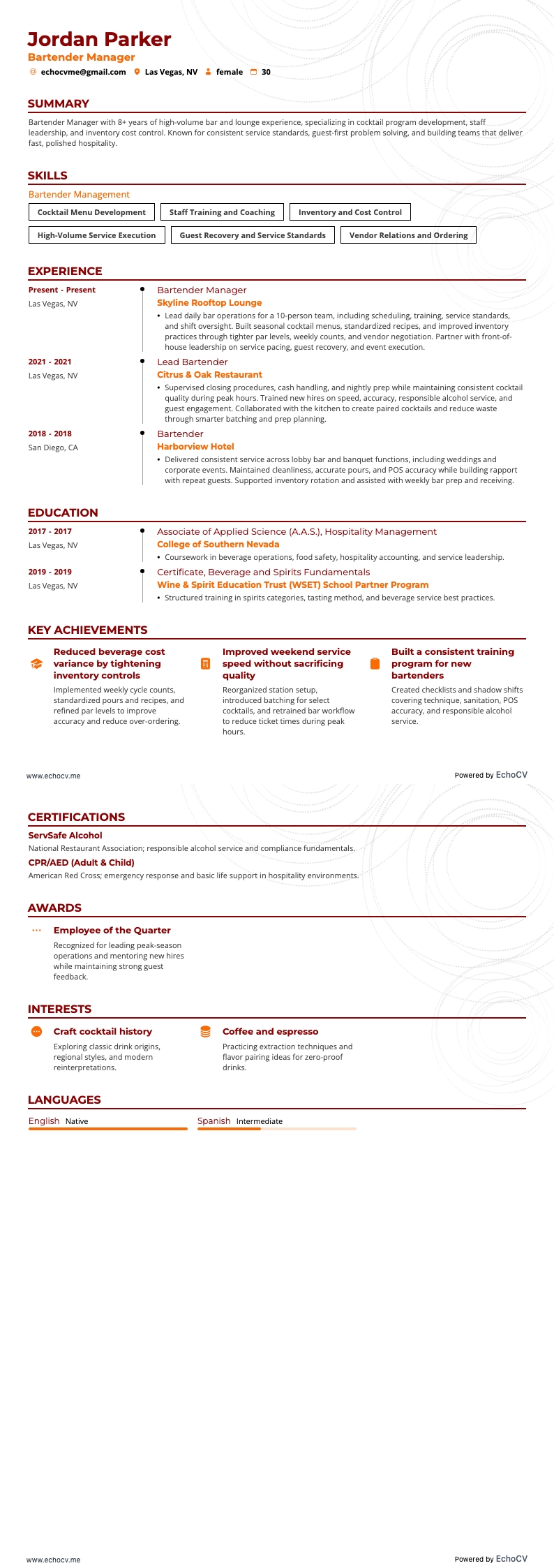 Bartender Manager example resume