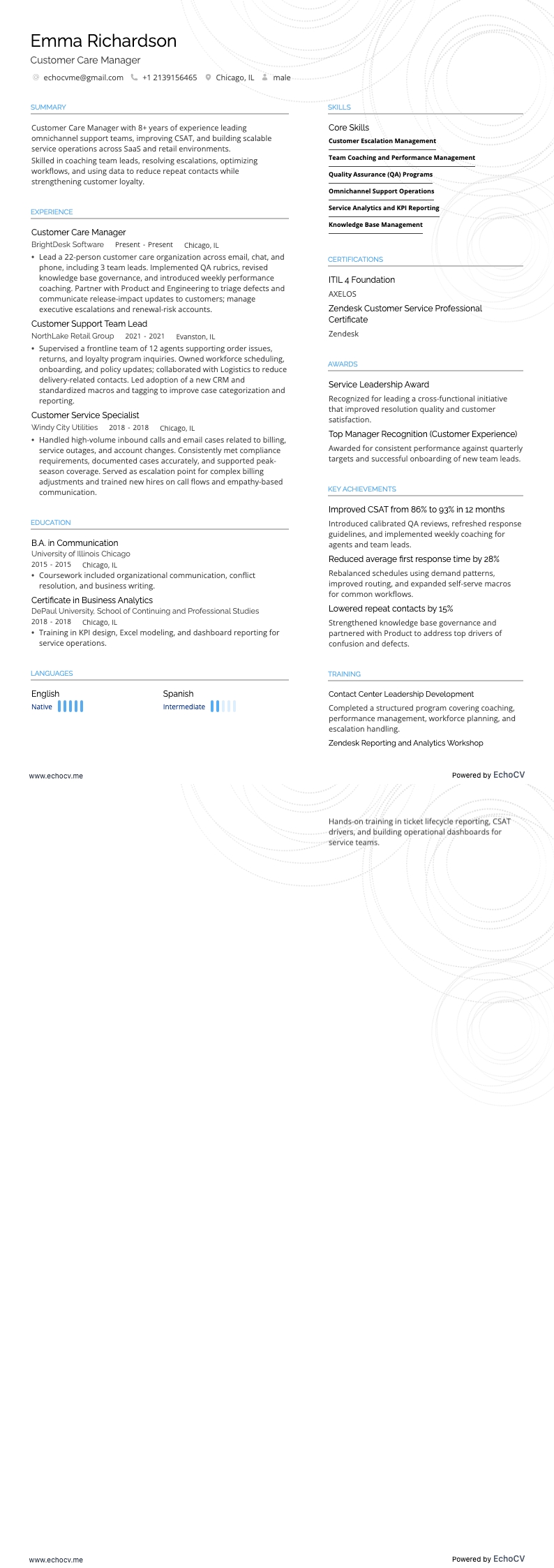 Customer Care Manager example resume
