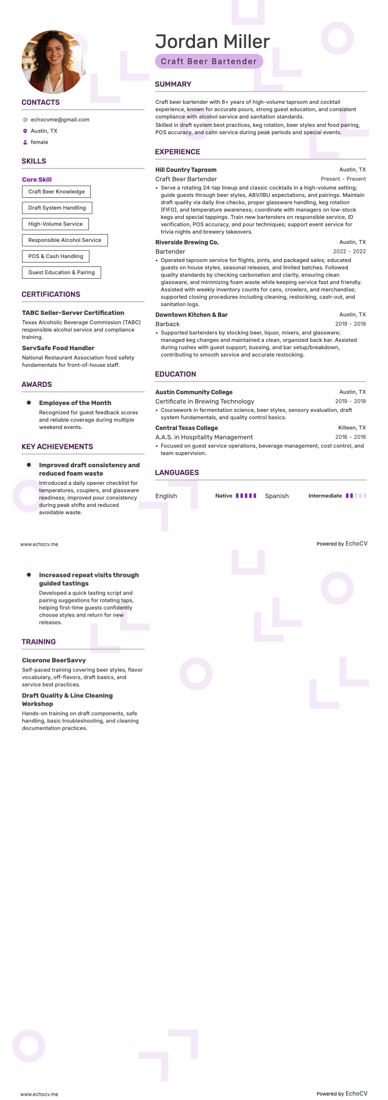 Craft Beer Bartender example resume