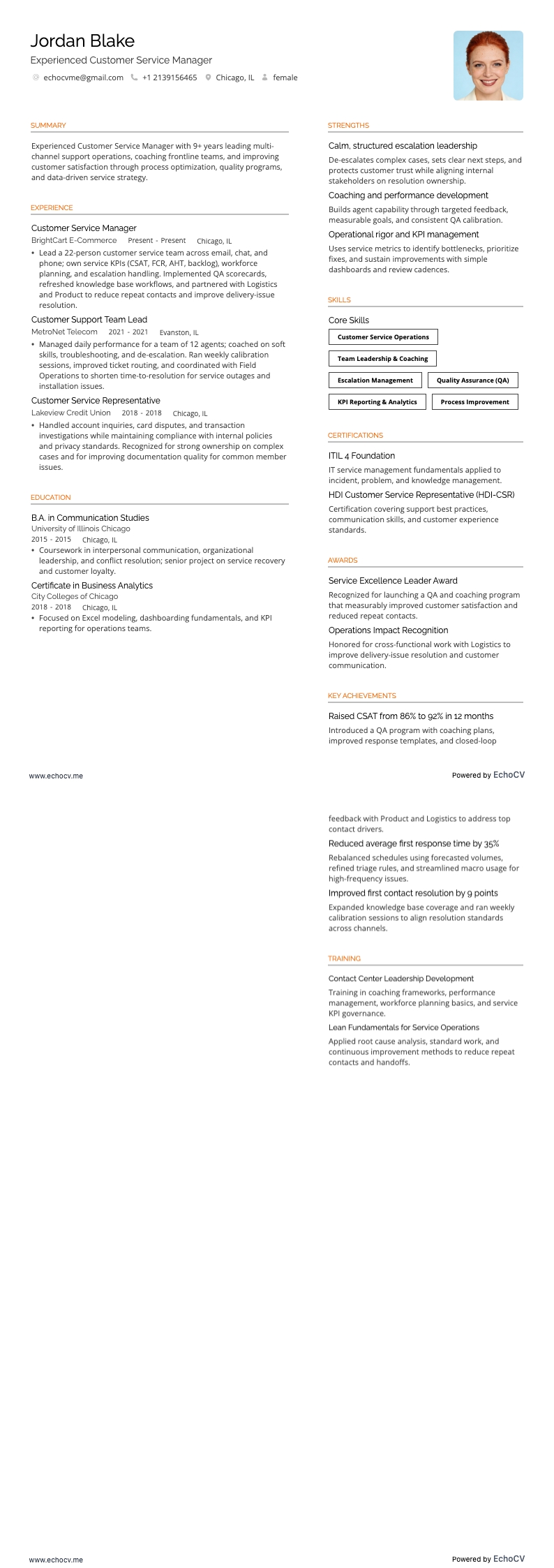 Experienced Customer Service Manager example resume