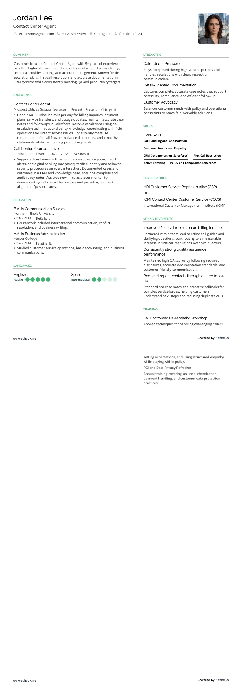 Contact Center Agent example resume