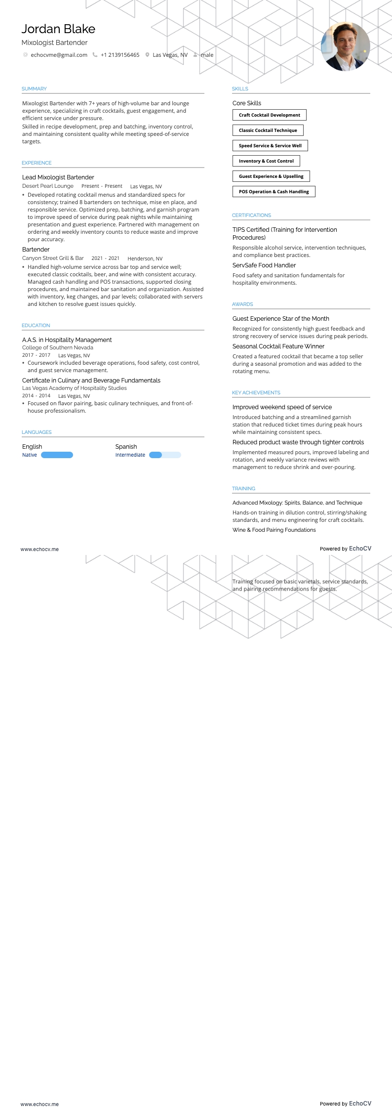 Mixologist Bartender example resume