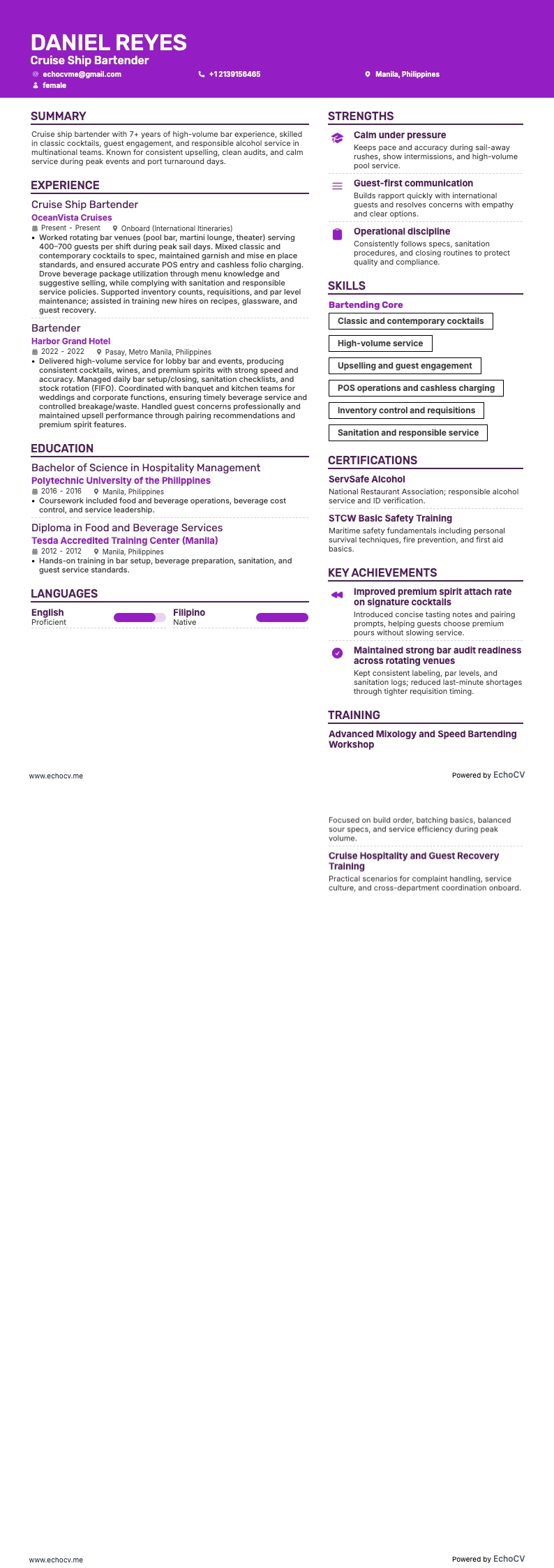 Cruise Ship Bartender example resume