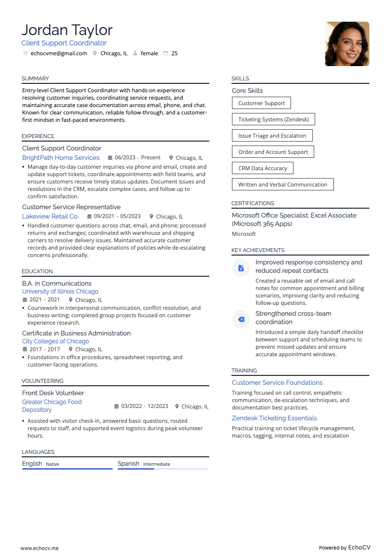 Client Support Coordinator example resume