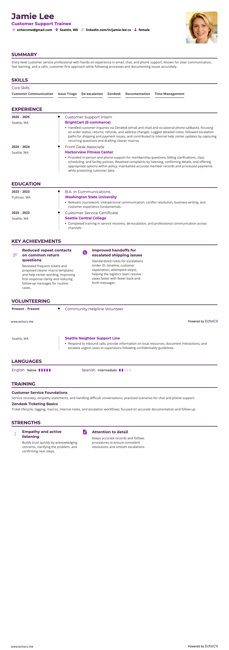 Customer Support Trainee example resume