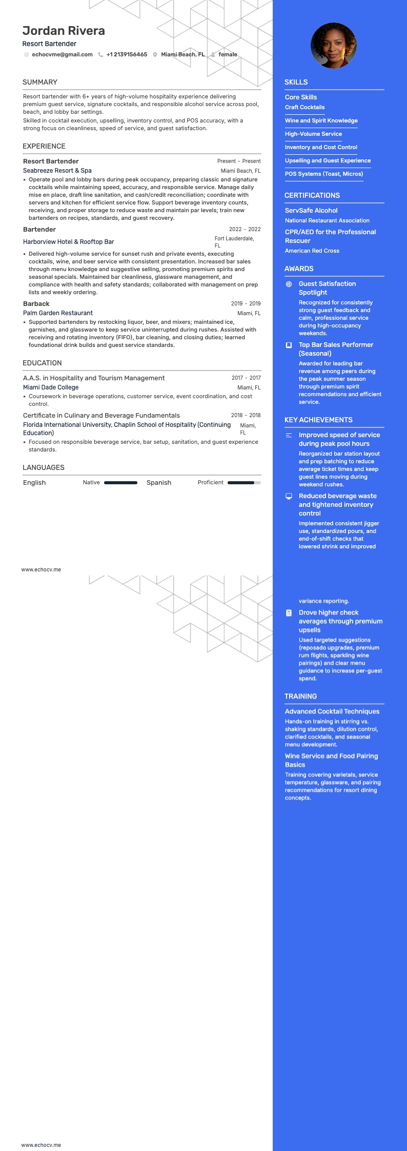 Resort Bartender example resume