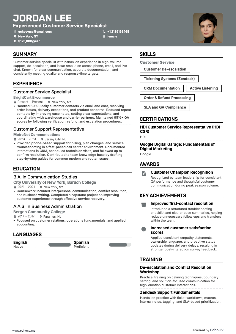 Experienced Customer Service Specialist full preview