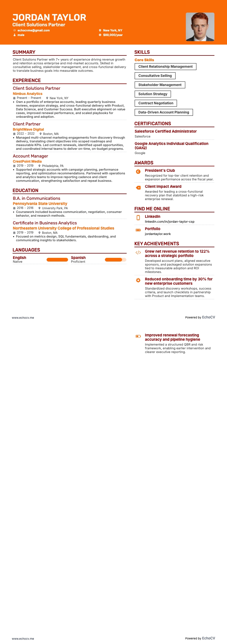 Client Solutions Partner example resume