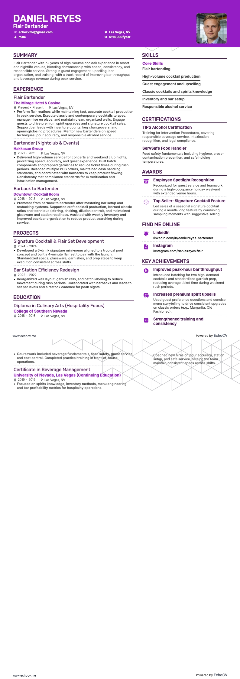 Flair Bartender example resume