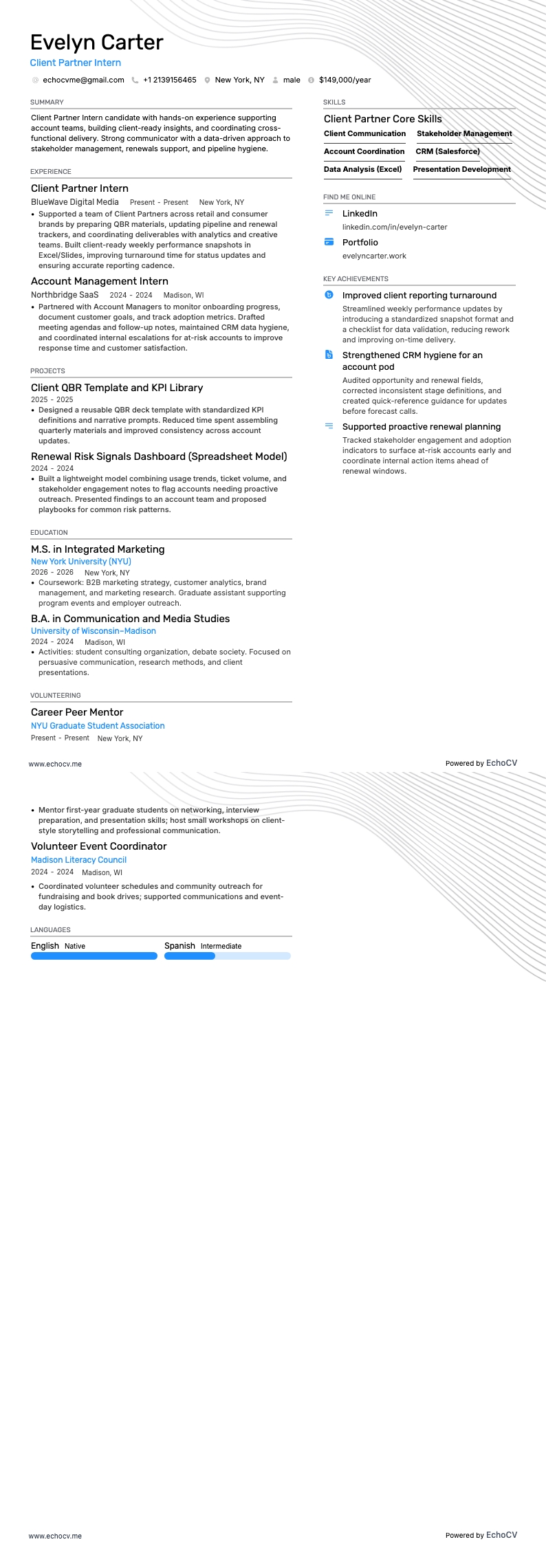 Client Partner Intern example resume