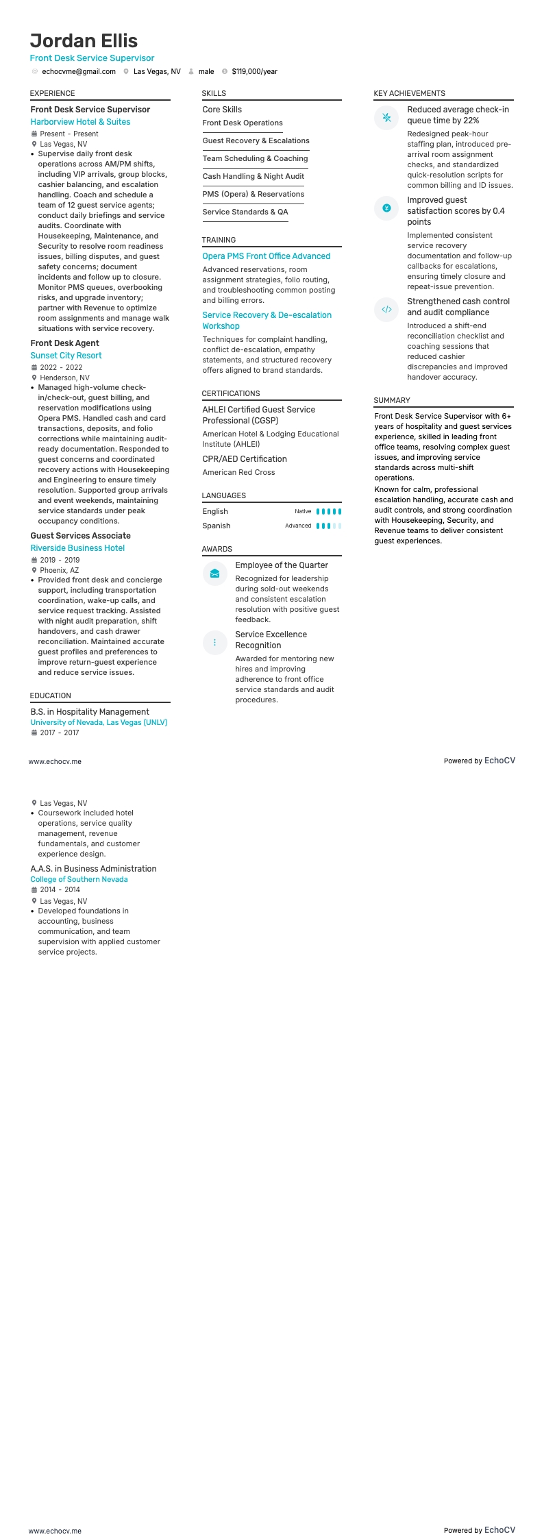 Front Desk Service Supervisor example resume