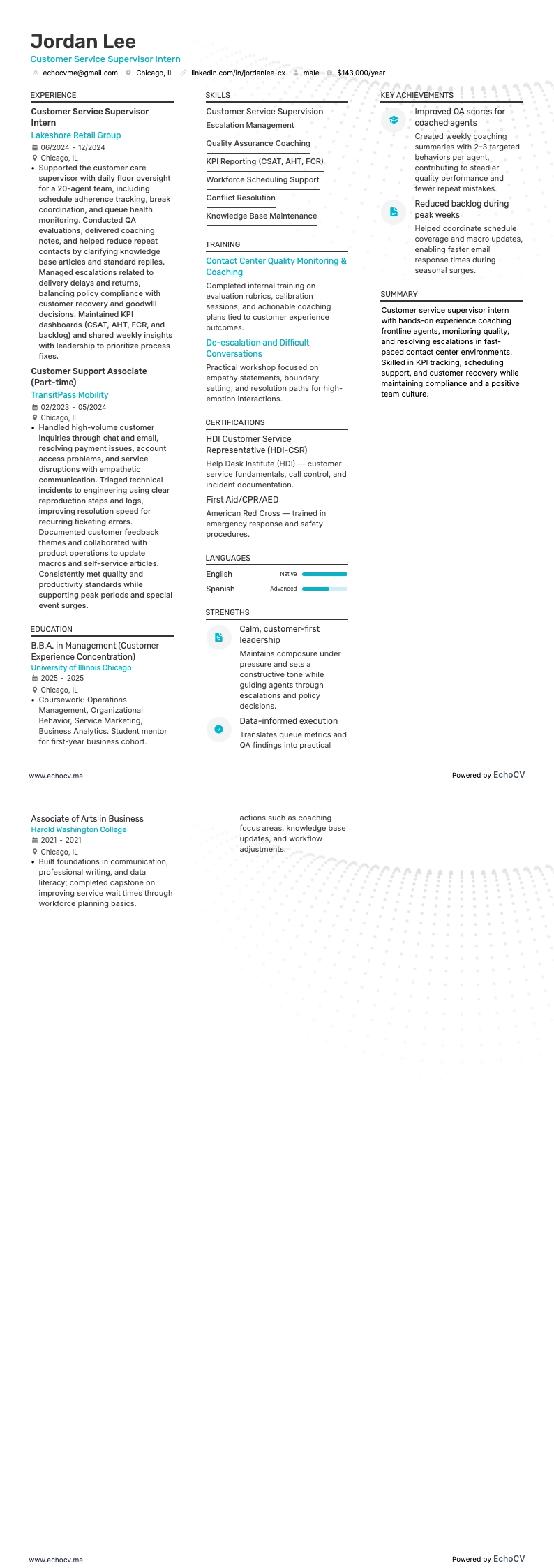 Customer Service Supervisor Intern example resume