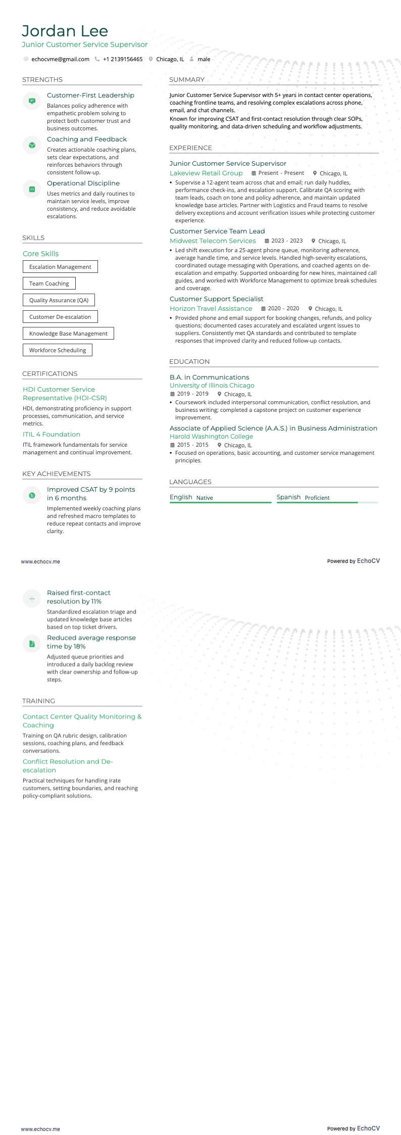 Junior Customer Service Supervisor example resume