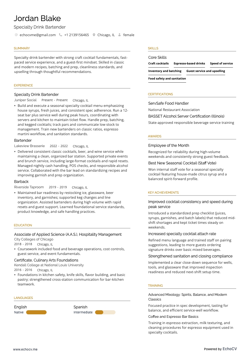 Specialty Drink Bartender example resume