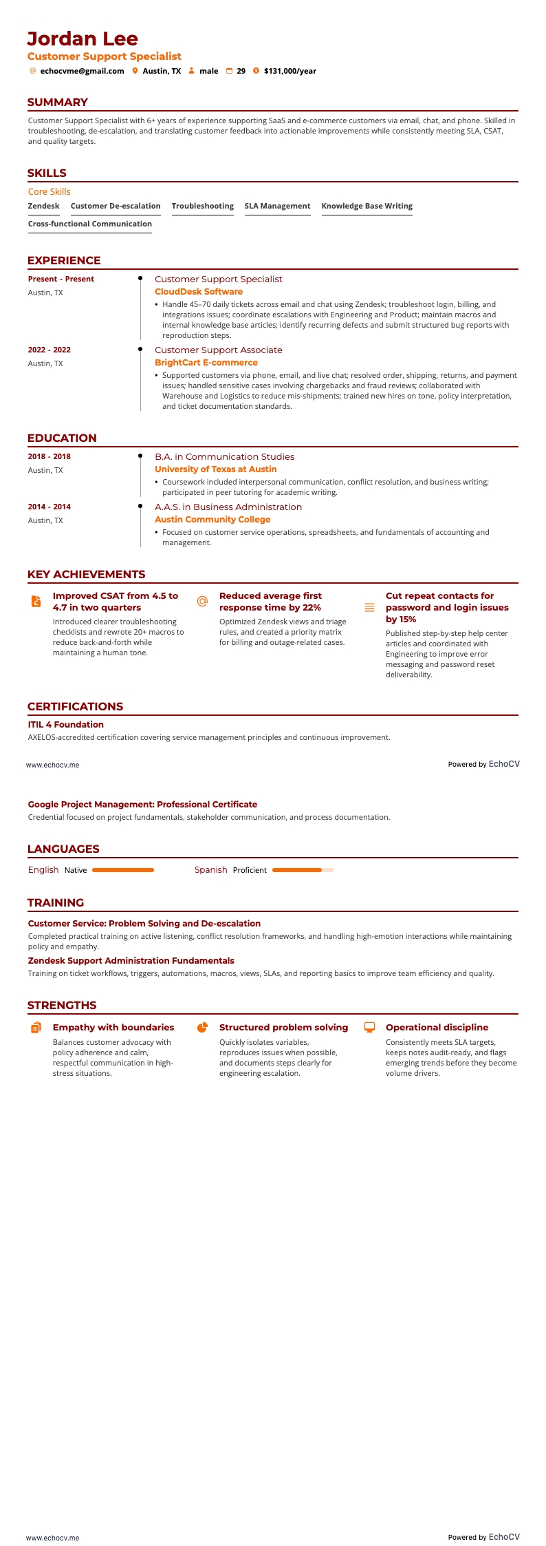 Customer Support Specialist example resume