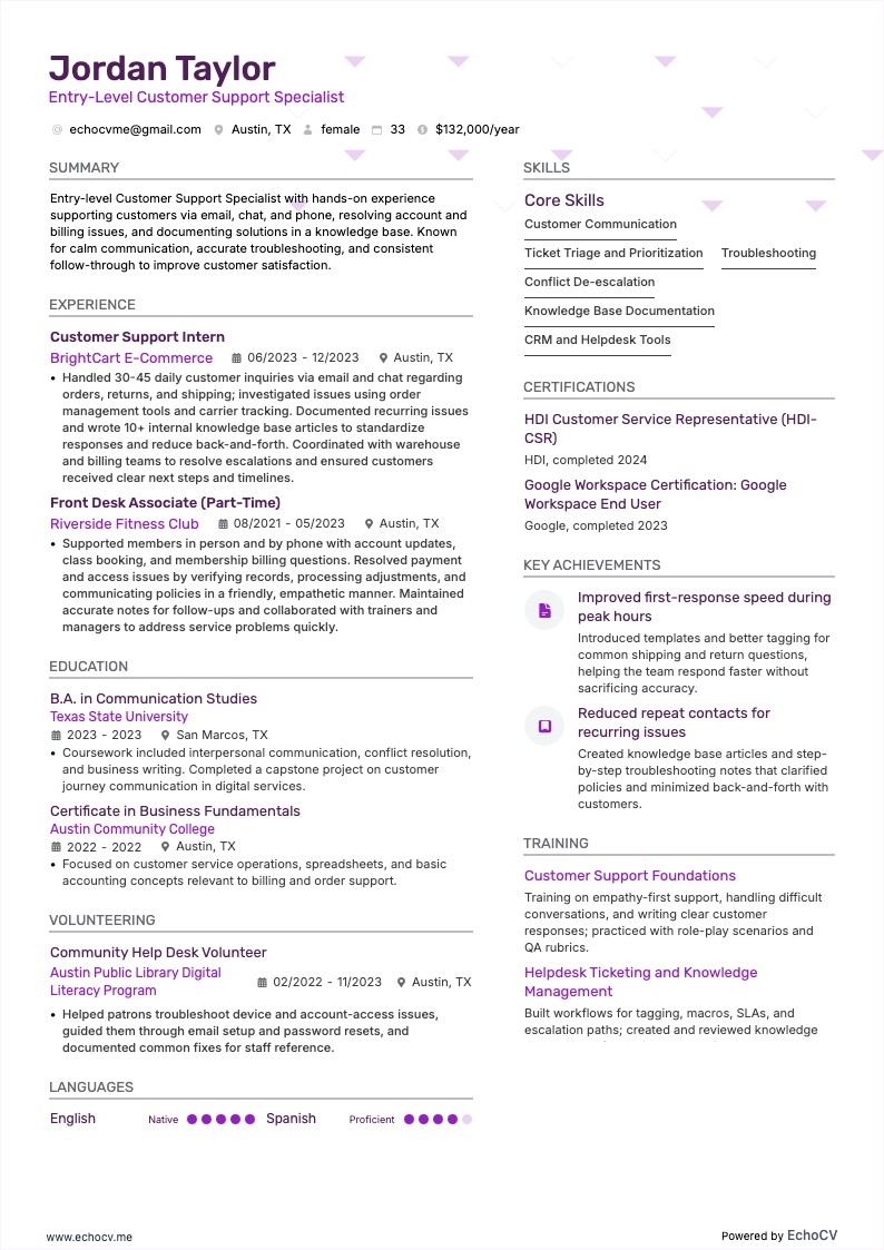 Entry-Level Customer Support Specialist example resume