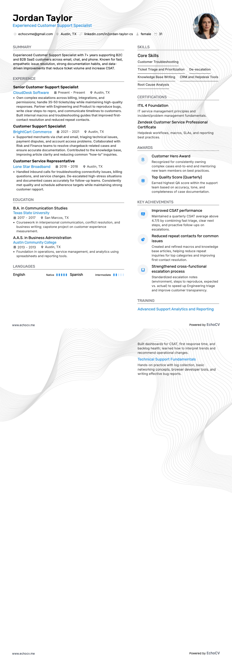 Experienced Customer Support Specialist resume example