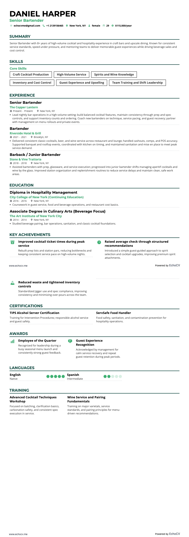 Senior Bartender example resume