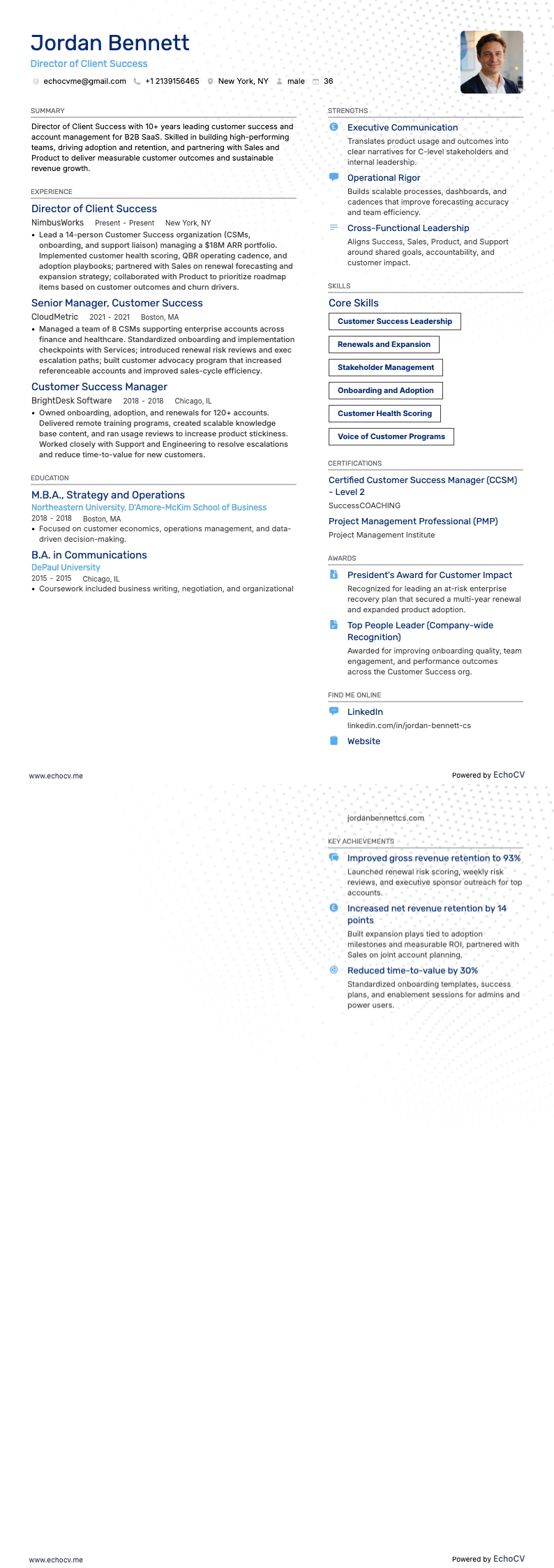 Director of Client Success example resume