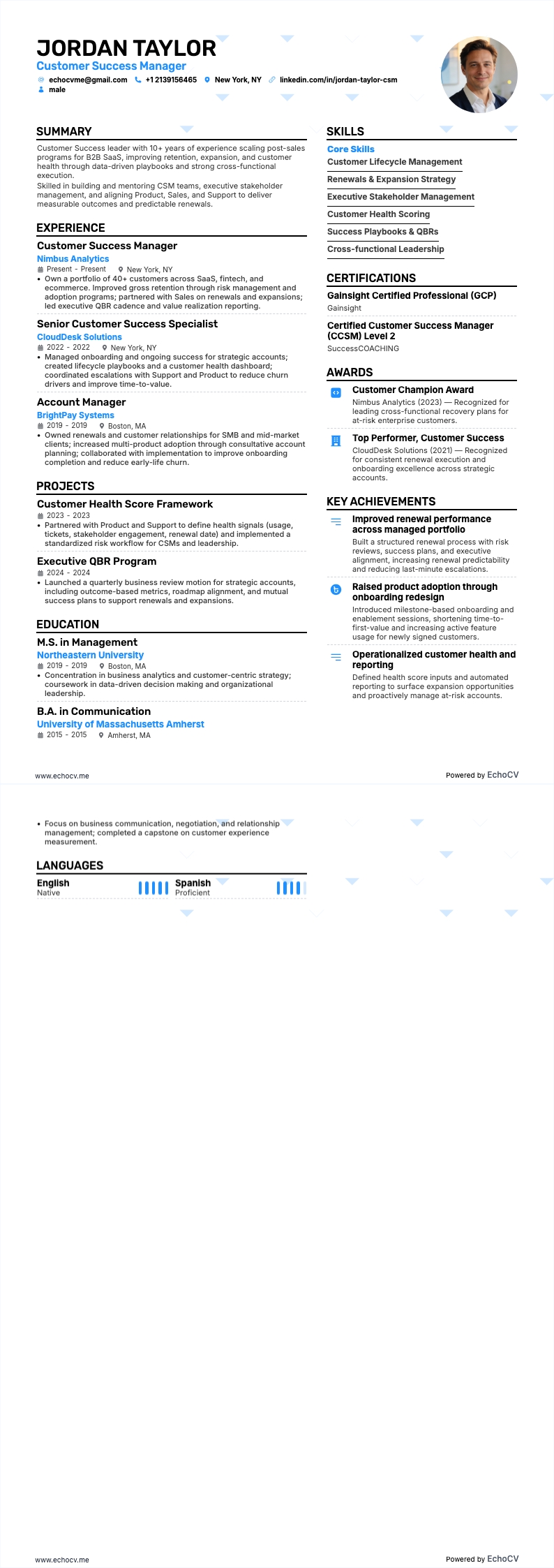 Customer Success Manager example resume