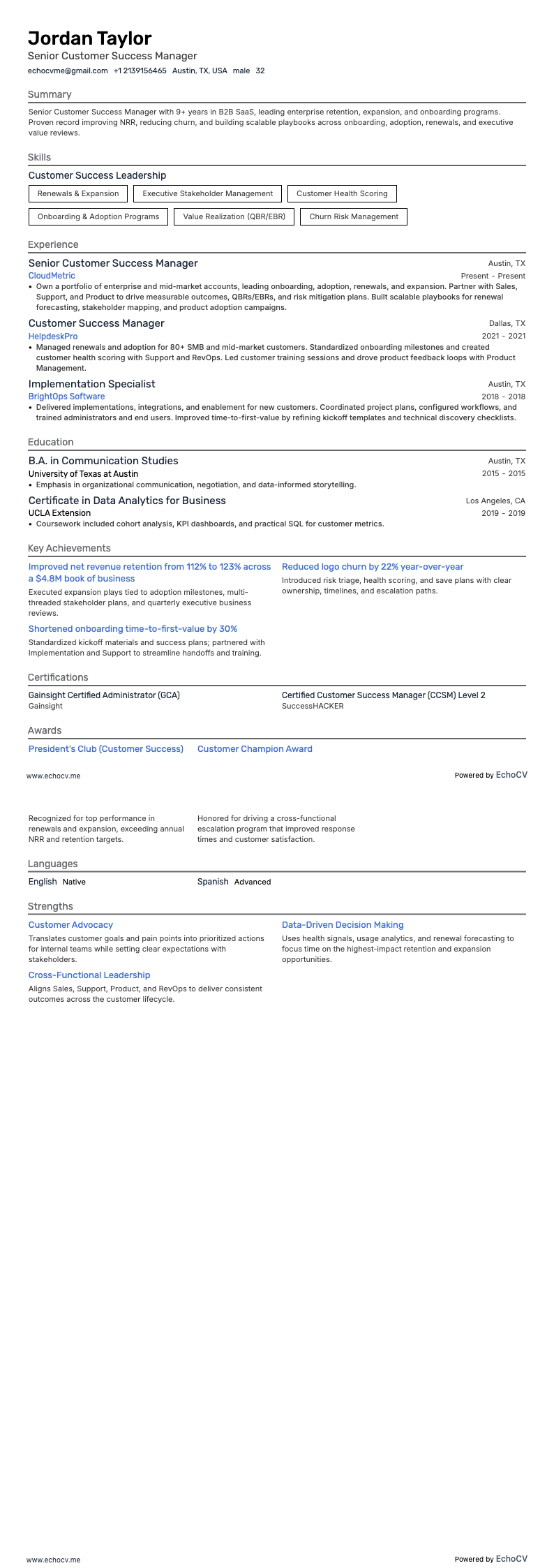 Senior Customer Success Manager example resume