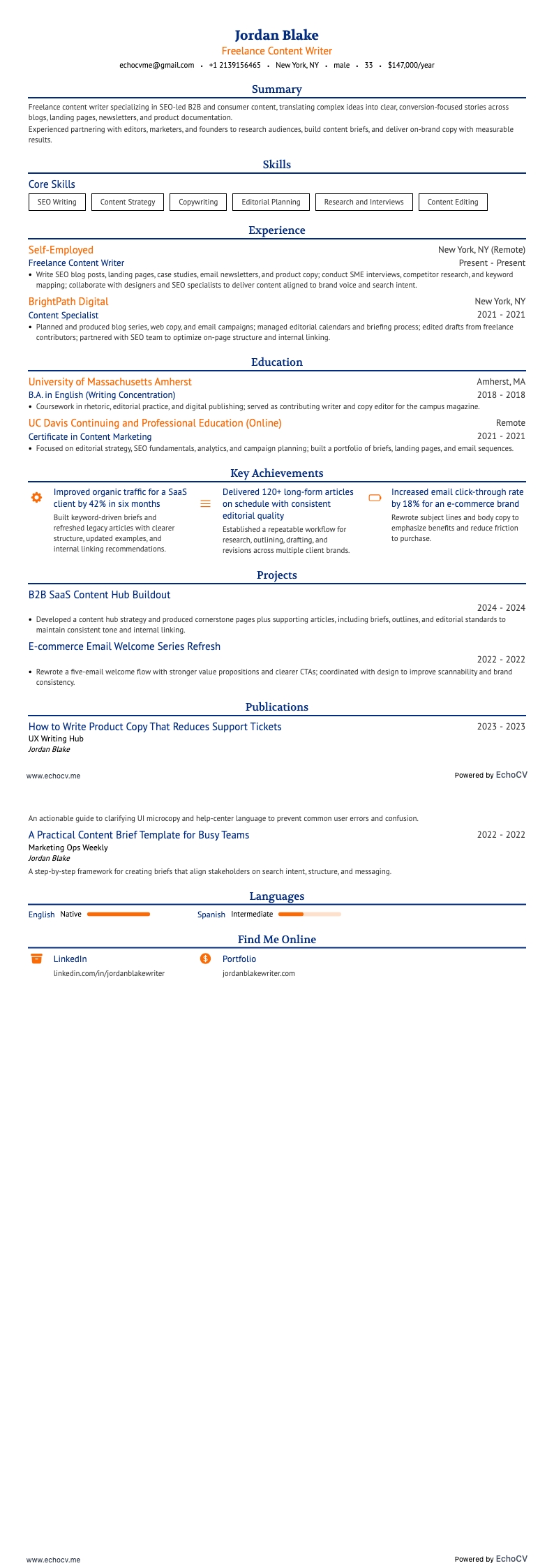 Copywriter freelance resume example