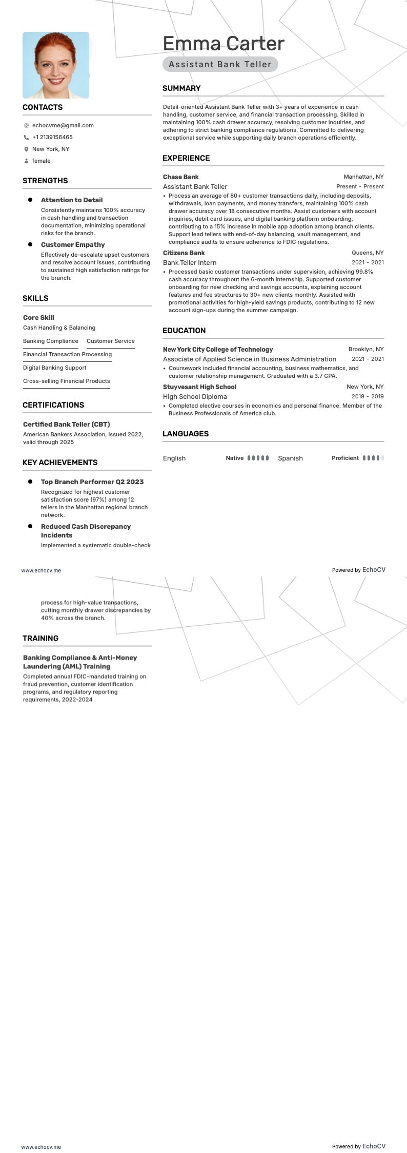 Assistant Bank Teller example resume