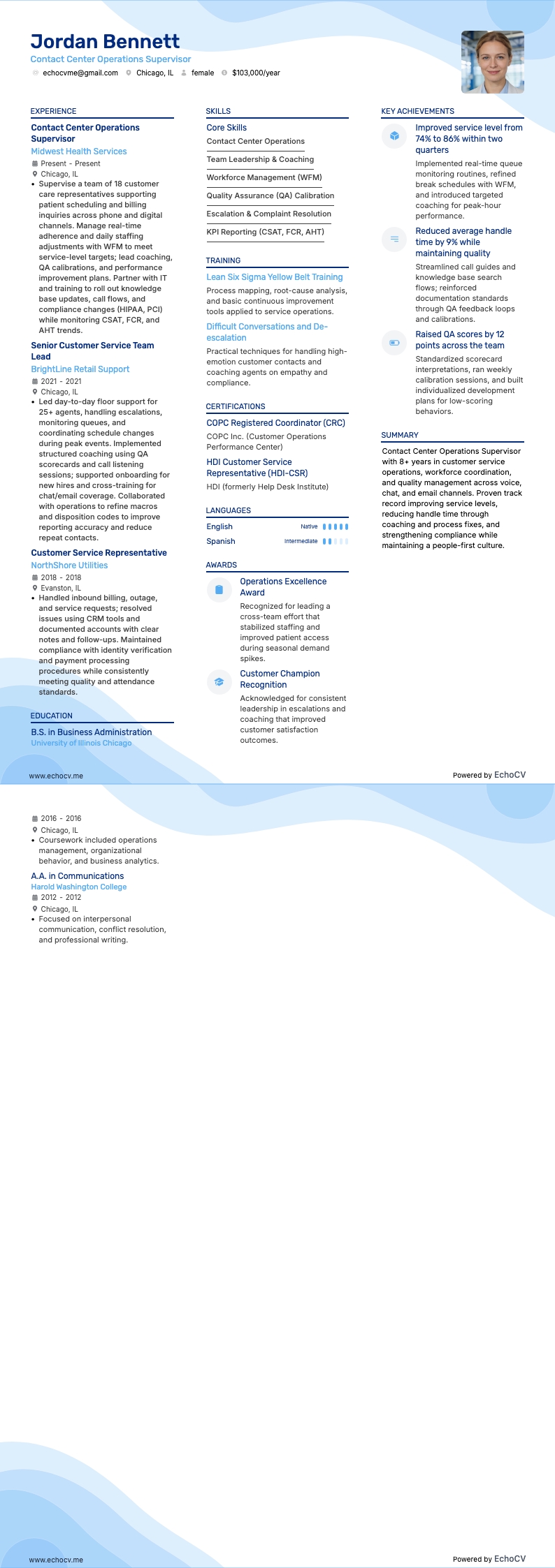 Contact Center Operations Supervisor example resume