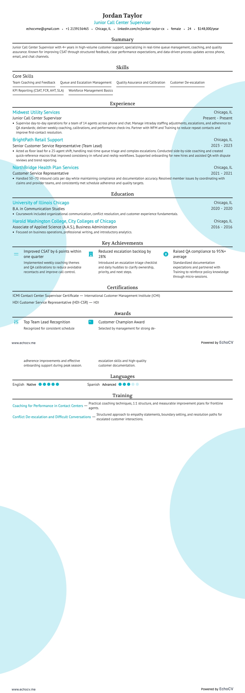 Junior Call Center Supervisor example resume