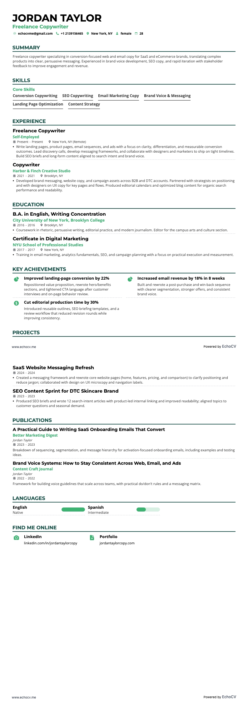 Freelance Copywriter example resume