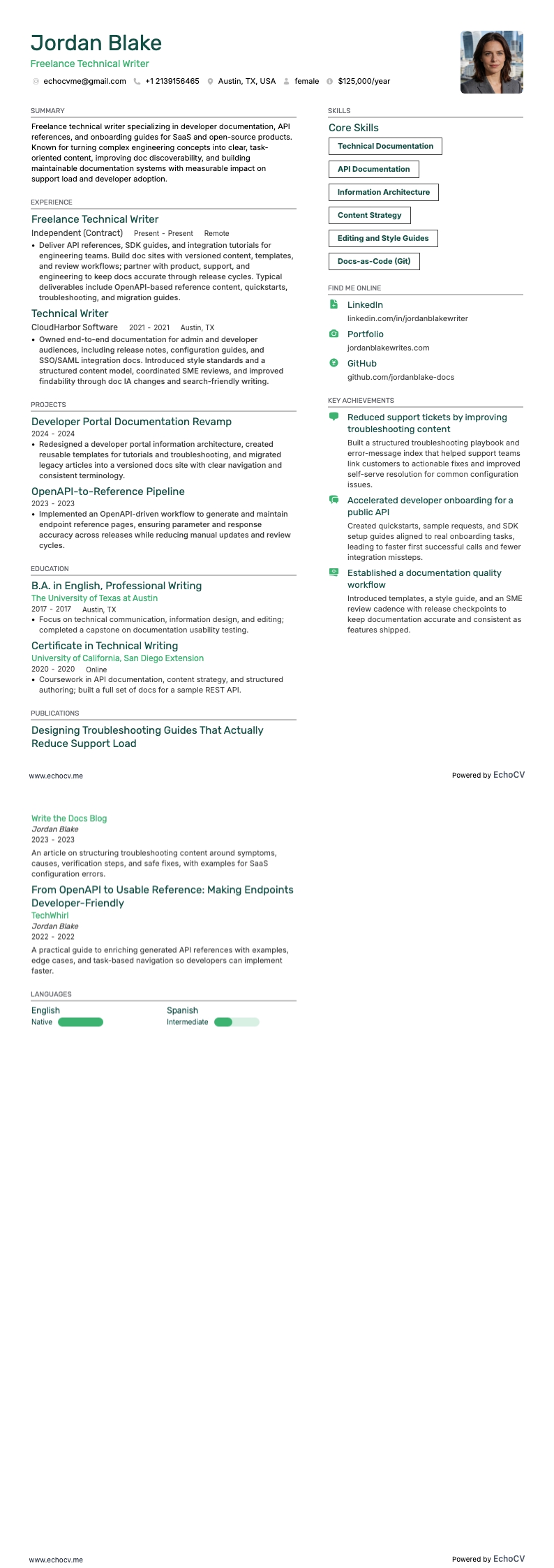 フリーランスライター resume example