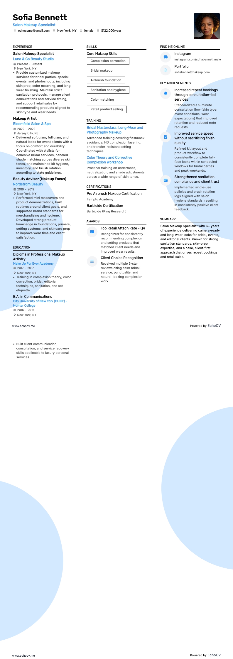 메이크업 아티스트 resume example