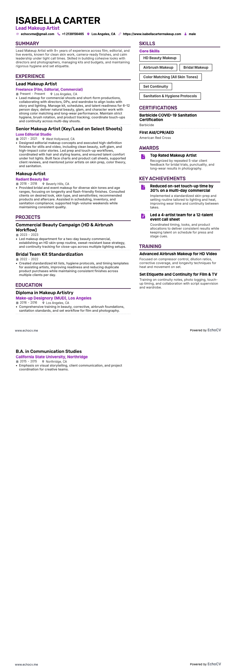 Visagist resume example