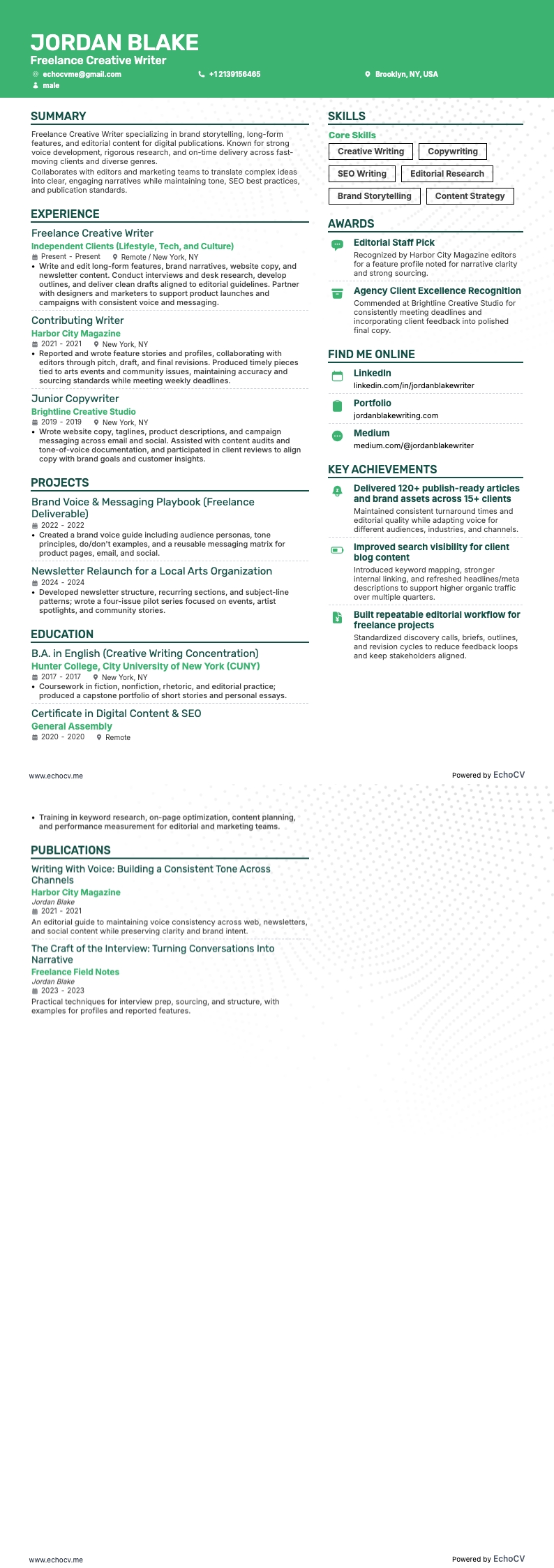 Freelance Creative Writer example resume