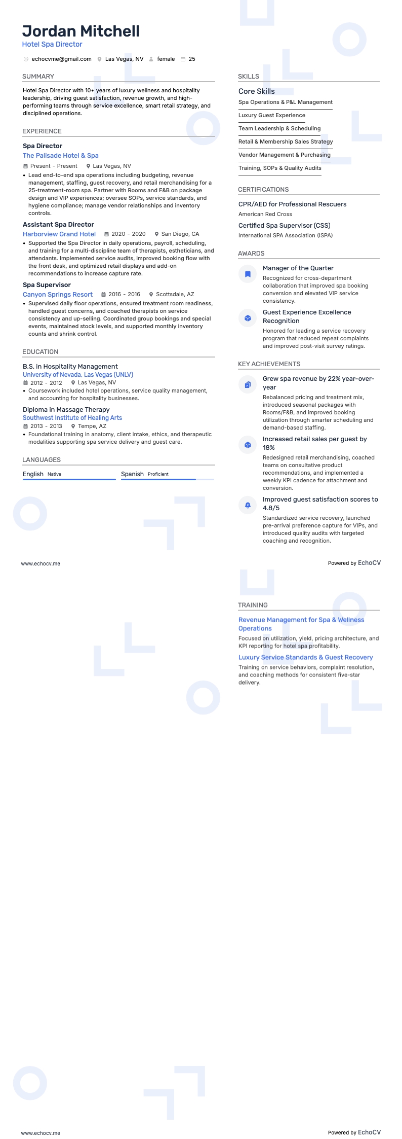 Spa Director resume example