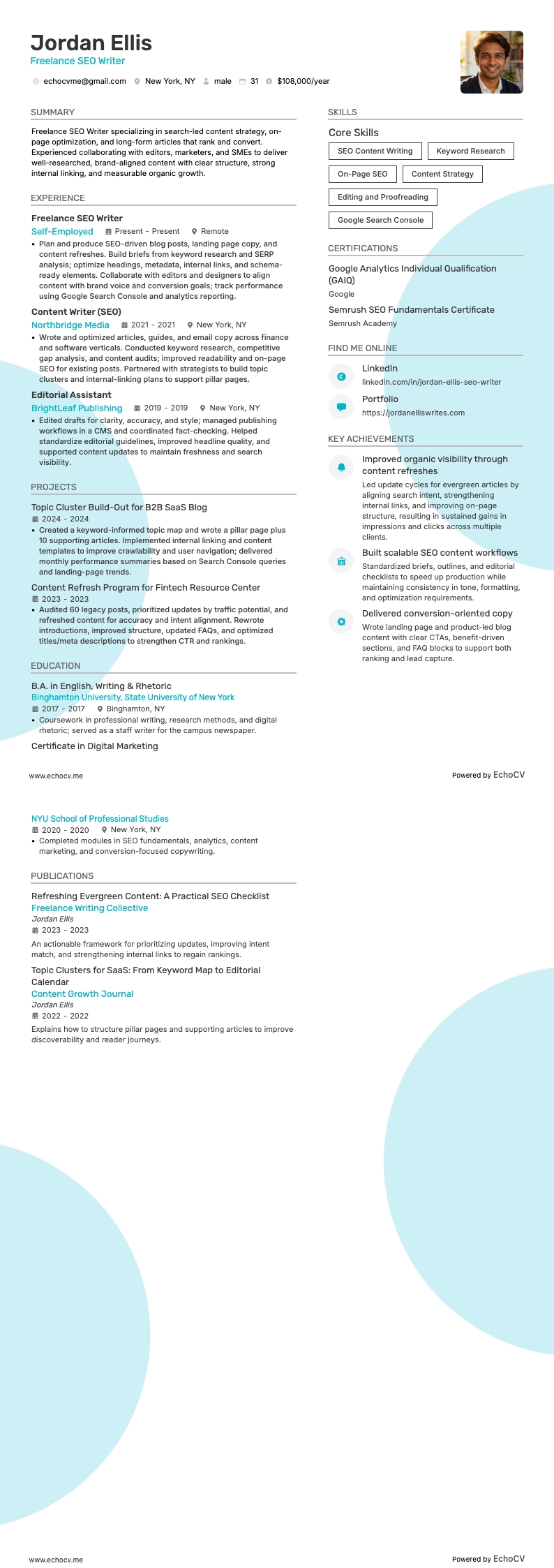 Freelance SEO Writer example resume