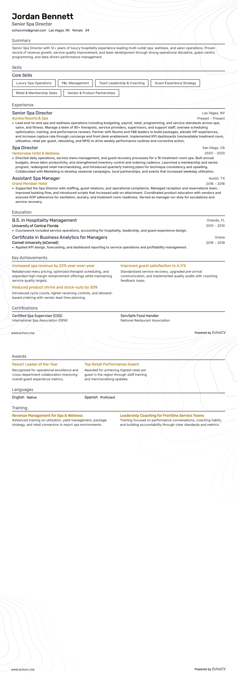 水疗总监 resume example